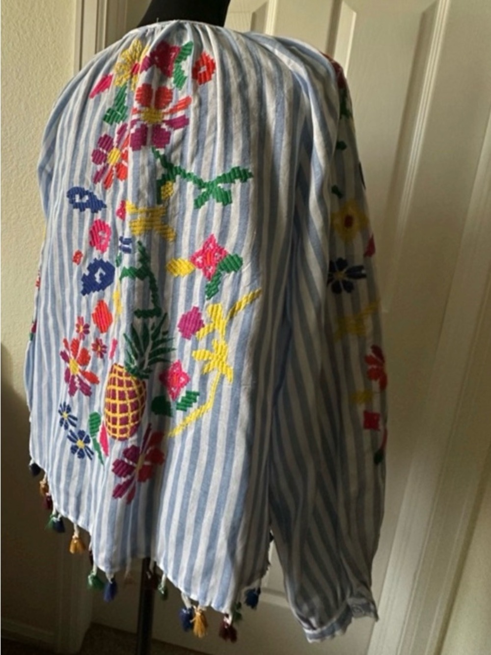 Zara Blue White Striped Embroidered Tassel Peasant Blouse Size M - Picture 9 of 15